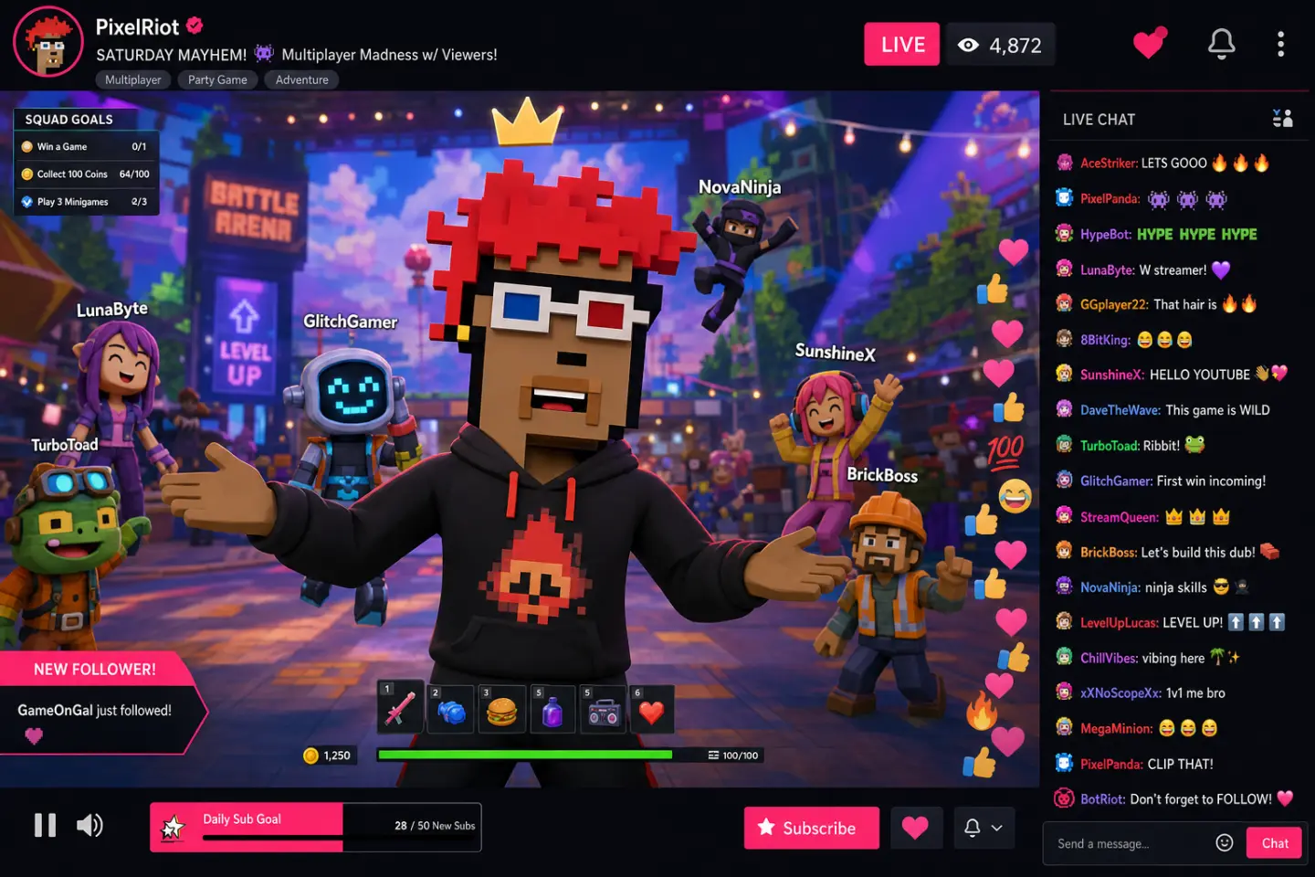 A preview of its own world: a 3D multiplayer game it hosts live, facing the camera, with a stream chat scrolling beside it